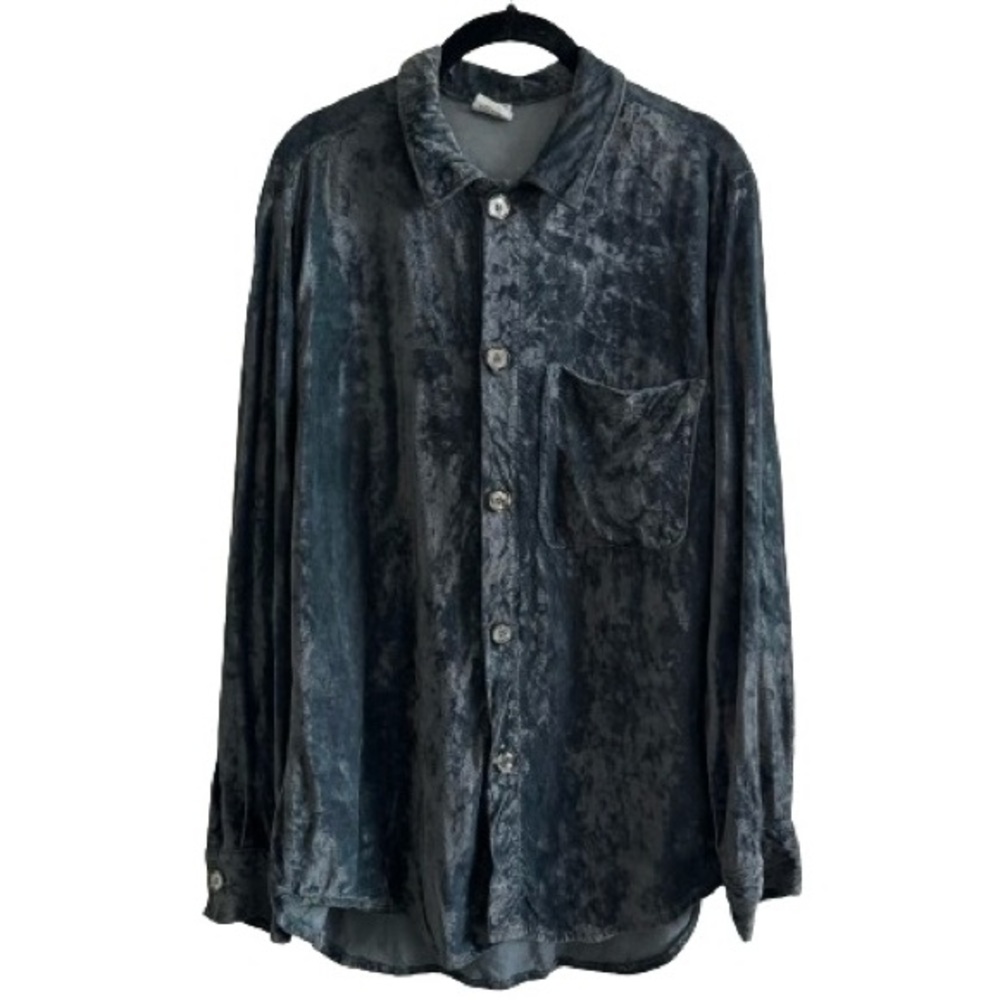 CP Shades Vintage Blue Rayon Velvet Long Sleeve Button Down Shirt Fall Winter
